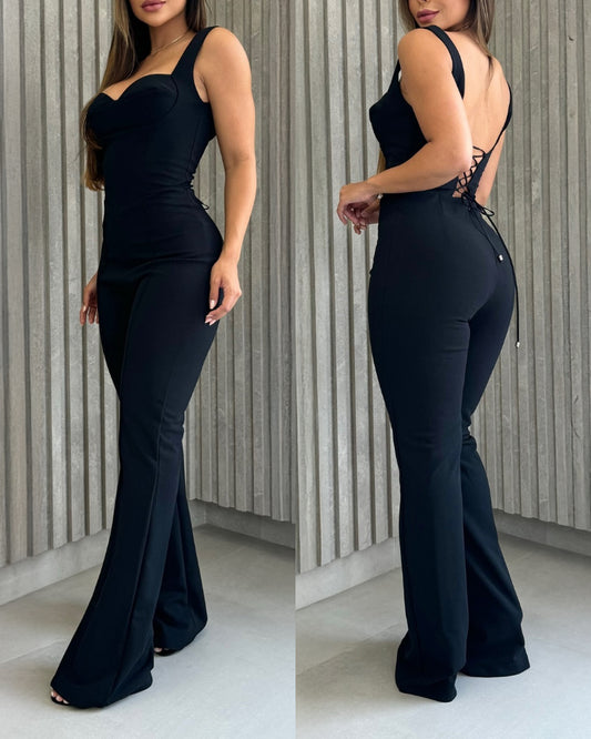 Sweatheart Neck Thick Strap Backless Lace-up Back Overalls Casual Seam Front Wide Leg Jumpsuit