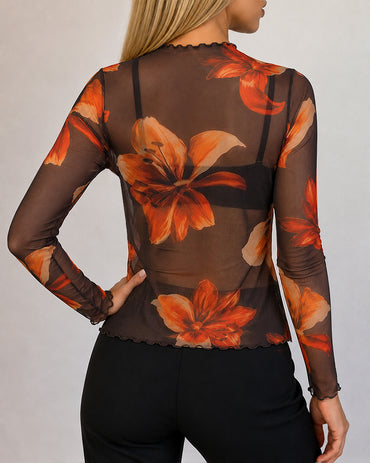 Women's Floral Print Sheer Mesh Top Frill Trim Mock Neck Long Sleeve Tee