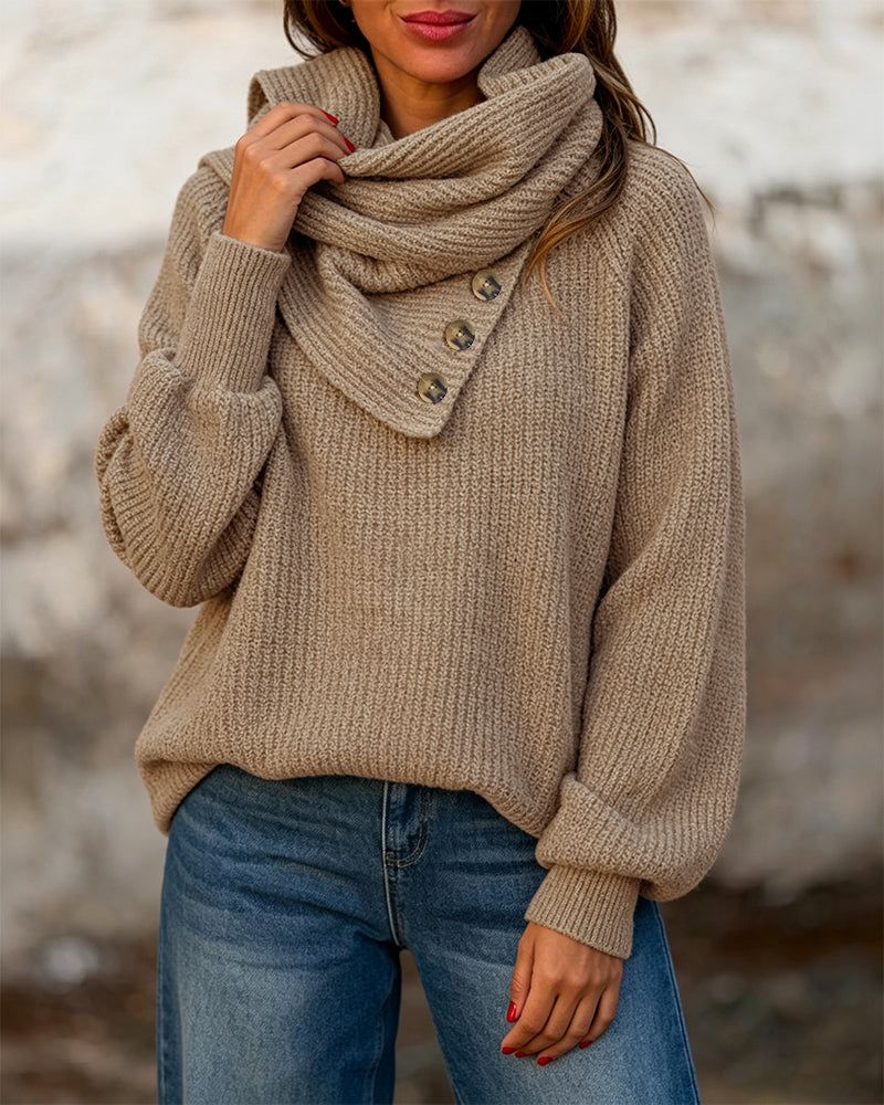 Women's Wrap-Style Cowl Collar Knit Sweater Casual Pullover