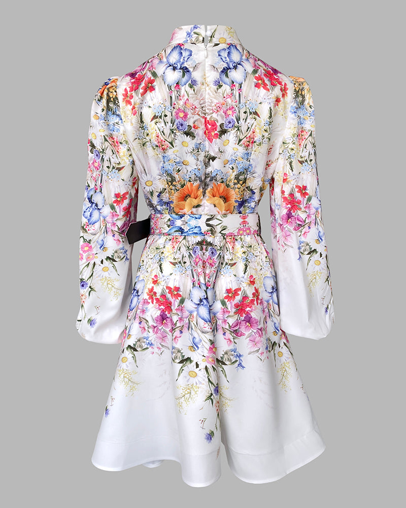 French Style Floral Print Stand Collar Lantern Sleeve Mixed-shape Button Down Dress Elegant Palace Style Cinched Waist Umbrella Hem Dress with Belt