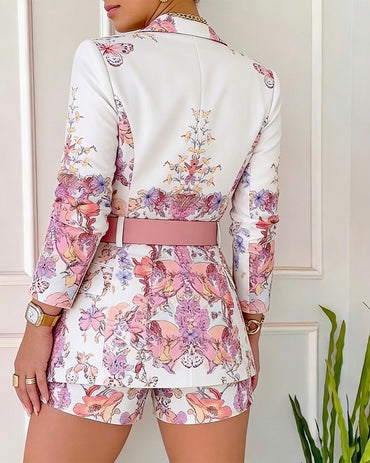 Women's Floral Blazer & Shorts Set Elegant Single-Breasted Coat and High-Waisted Shorts with Belt