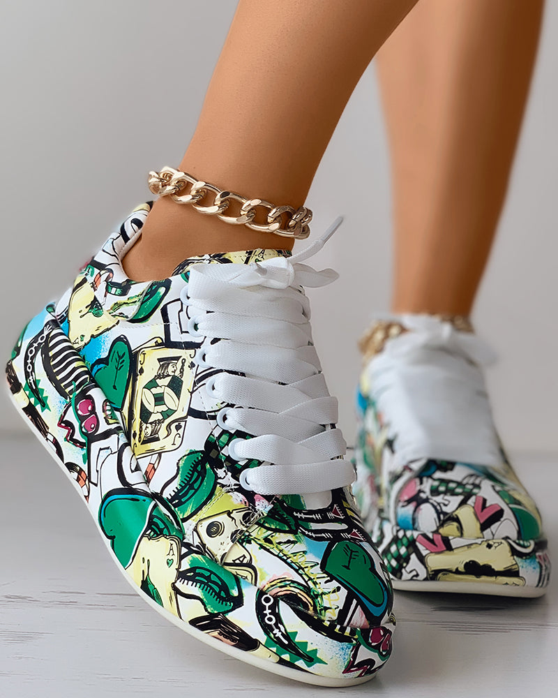 Lace-up Front Painting Print Platform Sneakers