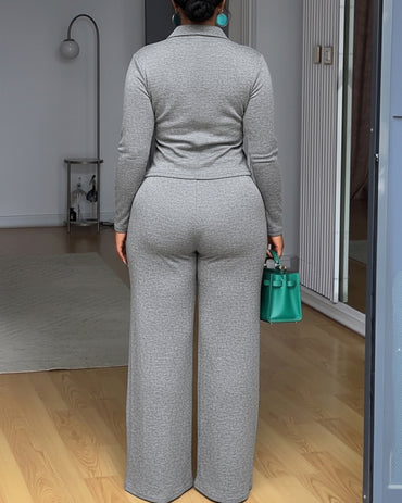 Stylish 2 Pieces Outfit Long Sleeve Criss Cross Button-Up Top and Casual Wide Leg Pants Set with Pockets