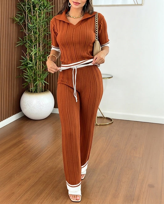 Women's Contrast Binding Two Piece Knit Set Short Sleeve Top and Drawstring Straight Leg Pants Casual Loungewear