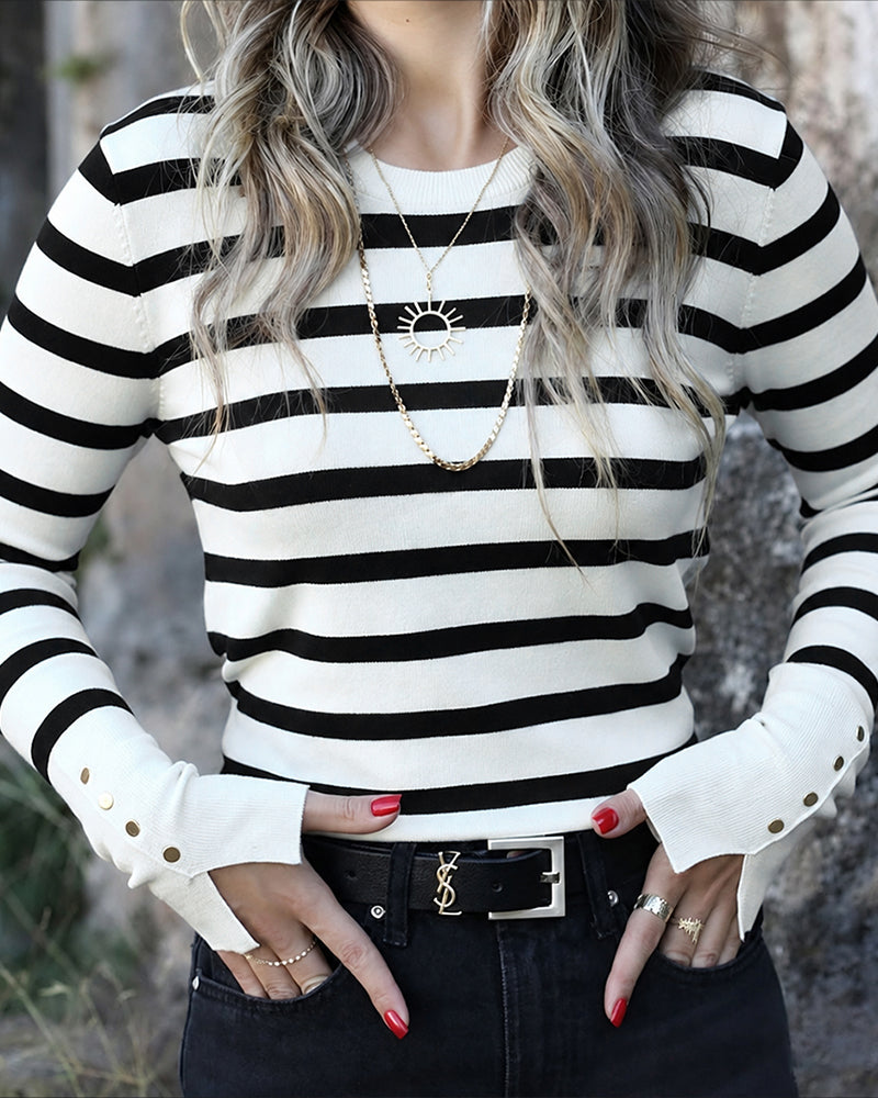 Women's Striped Crew Neck Gold Button Split Cuff Fitted Knit Top