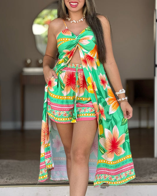 2 Pieces Outfit Adjustable Spaghetti Straps Twist Front Shirred Back High Slit Hem Longline Top and Elastic Waist Tie Front Shorts Set Casual Floral Print Vacation Set