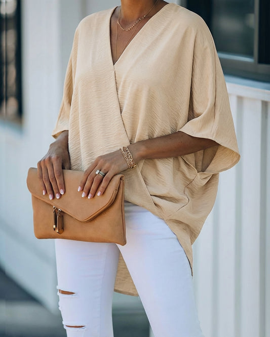 Overlap V Neck Batwing Sleeve High-Low Hem Blouse Casual Ruched Loose Fit Minimalist Top