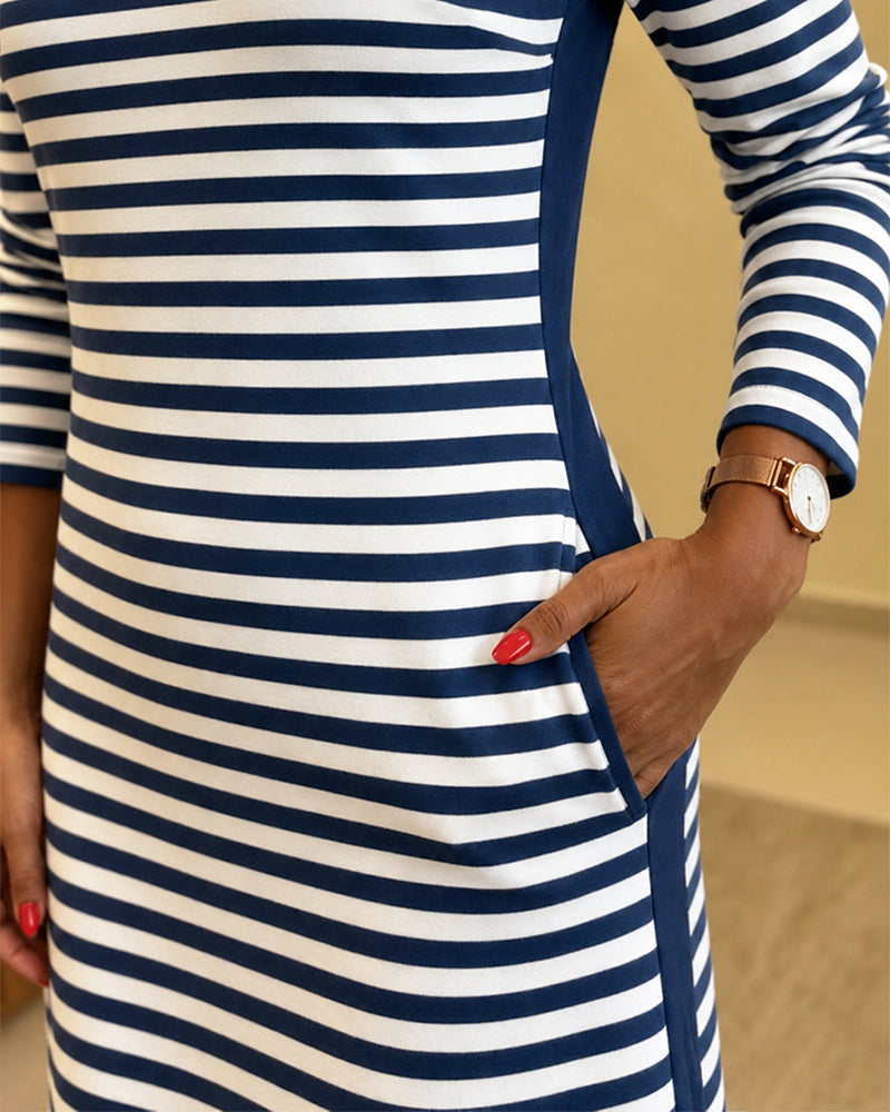 Women's Casual Striped Midi Dress Long Sleeve Crewneck Contrast Side Panel Side Slit T-Shirt Knit Dress with Pockets
