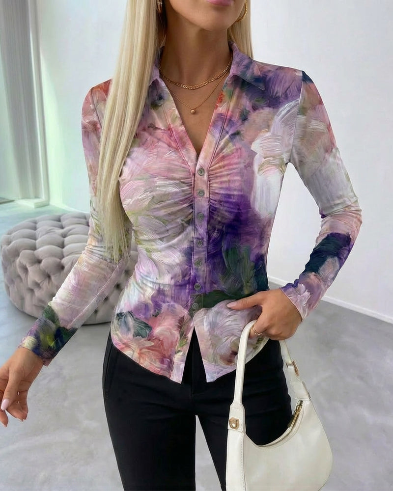 Oil Painting Floral Print Turn-down Collar V-Neck Long Sleeve Shirt Slim Fit Button Front Ruched Sheer Mesh Top with Lining