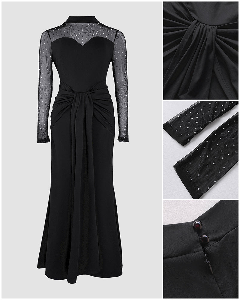 Rhinestone Decor Mock Neck Mesh Yoke Zipper Back Party Dress Cinched Waist Draped Mermaid Hem Maxi Evening Dress