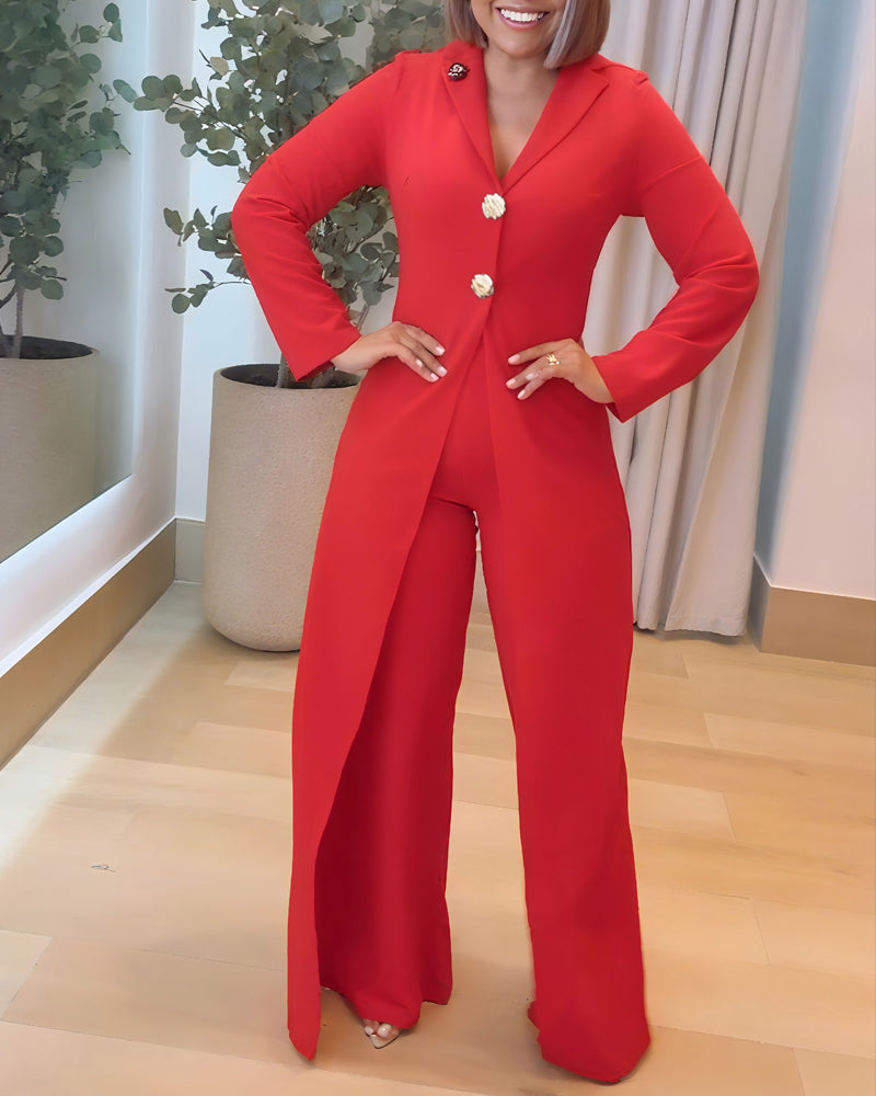 Notched Collar Long Sleeve Button Front Jumpsuit Casual Cinched Waist Wide Leg Faux Two Piece Jumpsuit