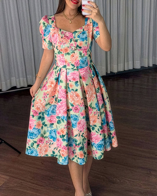 Women's Floral Sweetheart Neck Midi Dress Rhinestone Button Puff Sleeve Shirred A-Line Dress Pleated Vacation Dress
