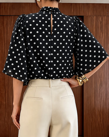 Women's Mock Neck Chiffon Blouse Polka Dot Ruched Elegant Flared Sleeve Top Casual Office Commute Shirt
