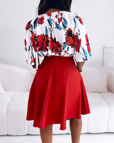 2 Pieces Outfit Floral Print Bell Sleeve Hollow-out Back Shirred Back Hem Top and Casual A-line Skirt Set with Belt