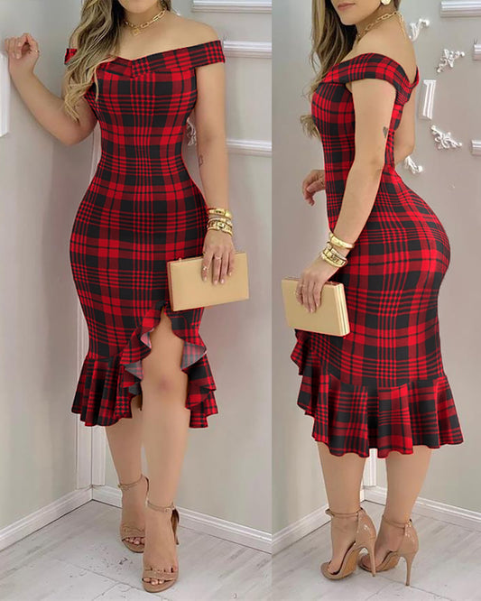 Plaid Off Shoulder Ruffle Hem Slit Dress