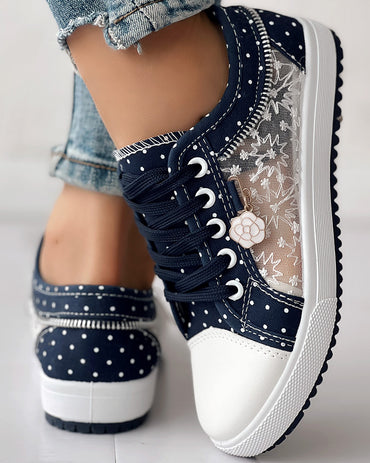 Floral Pattern Embroidery Dot Print Sneakers