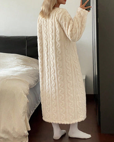 Stylish Contrast Lace V Neck Night Dress Casual Long Sleeve Weaving Knit Coral Sleepwear