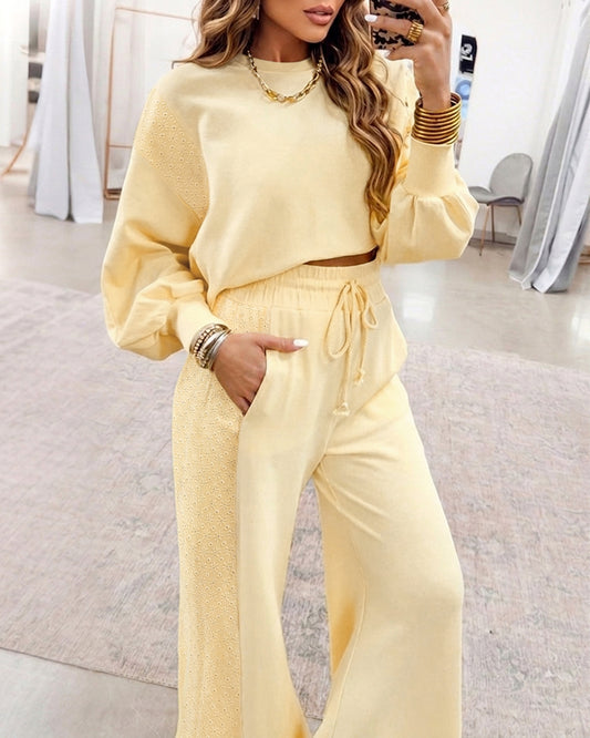 Women's 2 Piece Eyelet Embroidery Spliced Sweatsuit Set Loose Drop Shoulder Sweatshirt and High Waist Wide Leg Pants Casual Loungewear