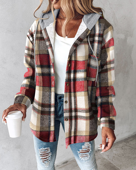 Plaid Print Long Sleeve Button Front Drawstring Hoodie Jacket Casual Pocket Design Thermal Lined Warm Coat