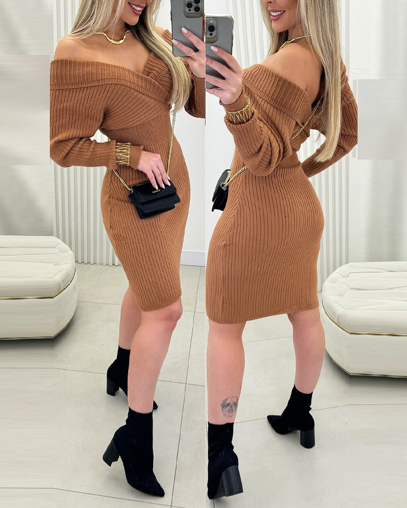 Foldover Off Shoulder V-Neck Long Sleeve Slim Fit Knit Dress Bodycon Sweater Dress