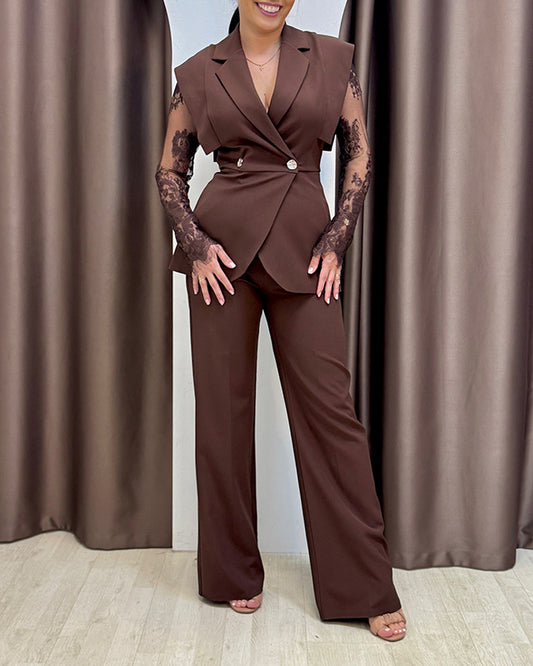 2 Pieces Outfit Contrast Lace Long Sleeve Notched Collar Top and Casual Wide Leg Pants Set