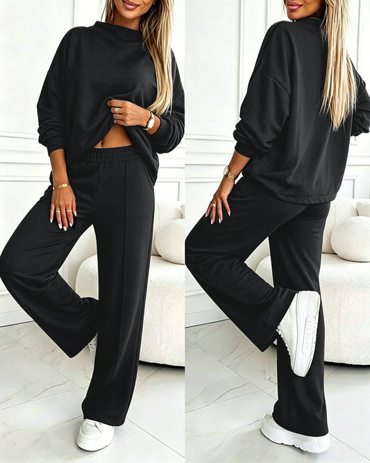Conjunto deportivo de 2 piezas para mujer, sudadera con cremallera y cuello alto simulado y pantalones deportivos rectos de cintura alta, ropa informal para estar en casa
