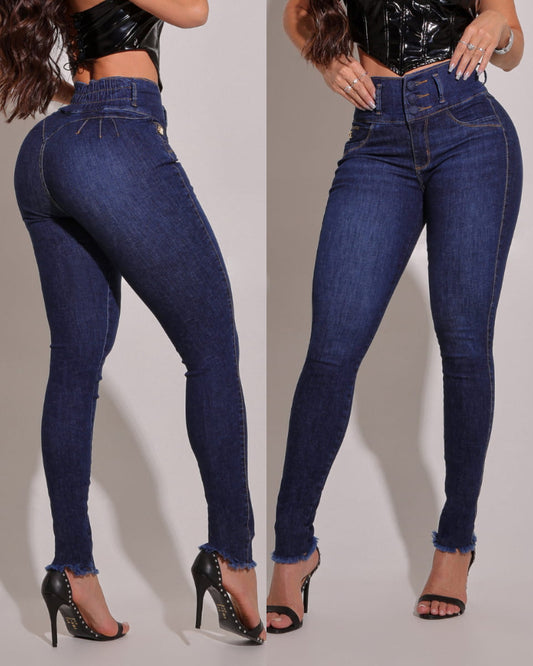 High Waist Strechy Skinny Jean Pants Casual Butt Lifting Raw Hem Slim Fit Leggings