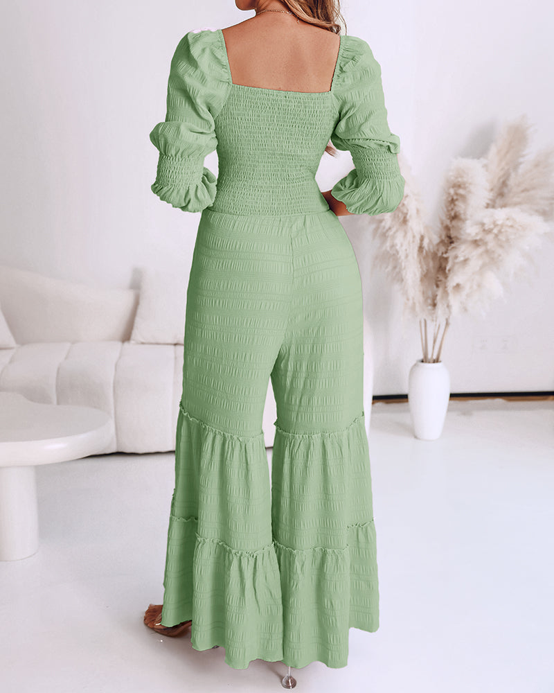 Square Neck Long Sleeve Drawstring Shirred Jumpsuit