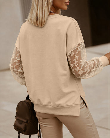Women's Lace Patchwork Sweatshirt Loose Crewneck Drop Shoulder Pullover Long Sleeve Side Slit Casual Top