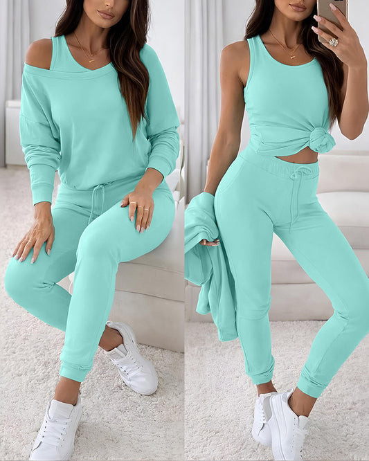 Women's 3 Piece Tracksuit Set Cold Shoulder Sweatshirt and Tank Top and High Waisted Jogger Pants Casual Lounge Workout Outfit