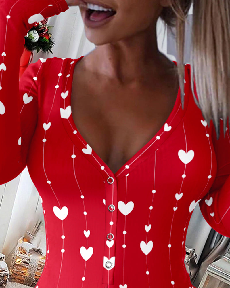 Heart Letter Pattern V-Neck Long Sleeve Rompers Sexy Button Front Home Jumpsuit