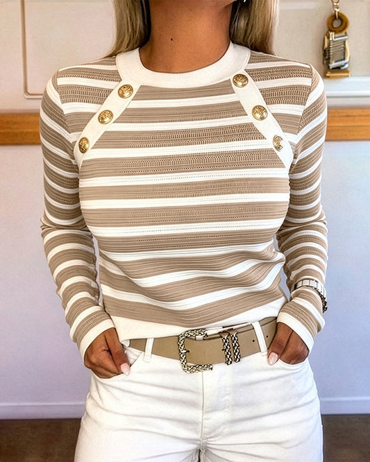 Gestreiftes Strickoberteil für Damen mit goldenen Knöpfen und langen Ärmeln, Rundhalsausschnitt, schmale Passform, Strickpullover mit Kontrasteinfassung