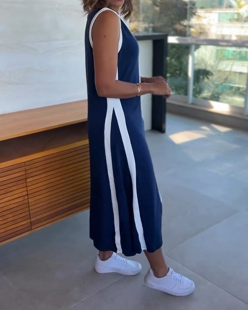 Striped Sleeveless Plunge Neckline Midi Dress with Slit Detail Casual Loose Fit A Line Dress
