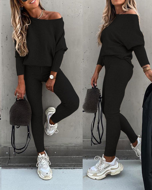 2 Pieces Outfit Skew Neck Long Sleeve Loose Pullover Top and Drawstring High Waist Slim Fit Pants Set