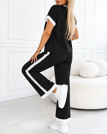 Ensemble deux pièces à reliure contrastée pour femmes, haut à manches courtes et pantalon à jambes larges