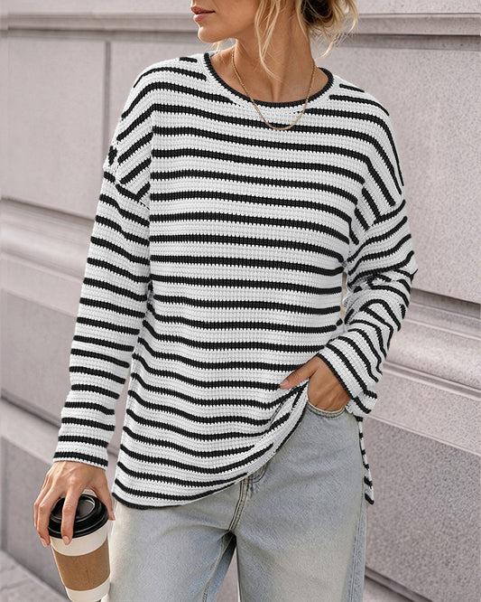 Women's Striped Textured Knit Long Sleeve T-Shirt Casual Side Slit Loose Fit Top