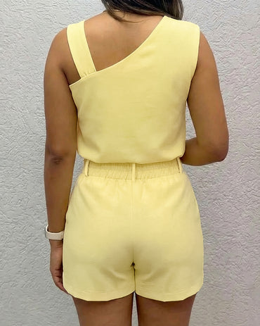 CHICME Women's 2-Piece Short Set Asymmetrical Neck Sleeveless Top and High-Waist Shorts with Starfish Button Accents