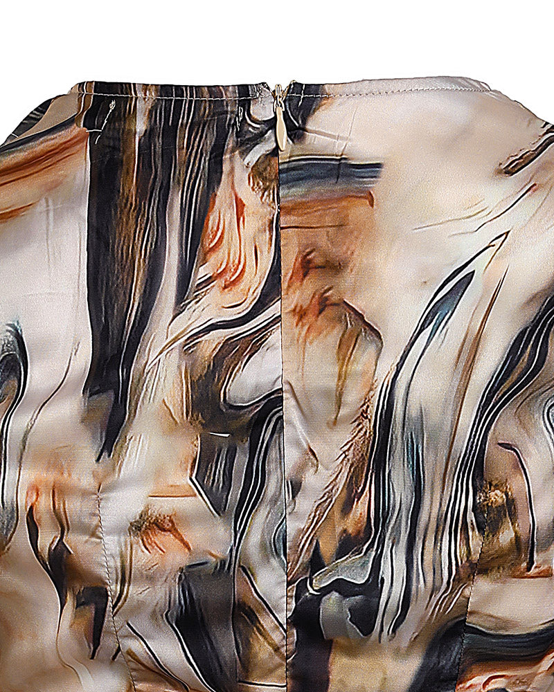 Marble Print Overlap V-Neck Wrap Front Ruched Vacation Dress Casual Cinched Waist Zipper Back Mini Dress