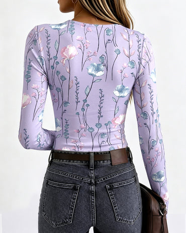 Women's Floral Print Slim Fit Crewneck Long Sleeve Top with Thumbholes