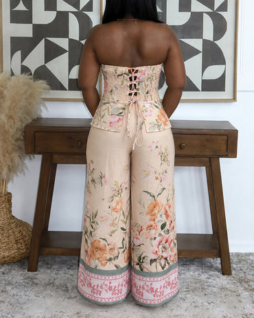 Women's Floral 2 Piece Outfits Shirred Lace-up Tube Top and Straight Leg Pants Set with Detachable Clear Straps
