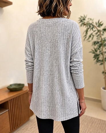 Women's Lace Patchwork Ribbed Knit Top Loose Fit Drop Shoulder Crewneck Side Slit Pullover