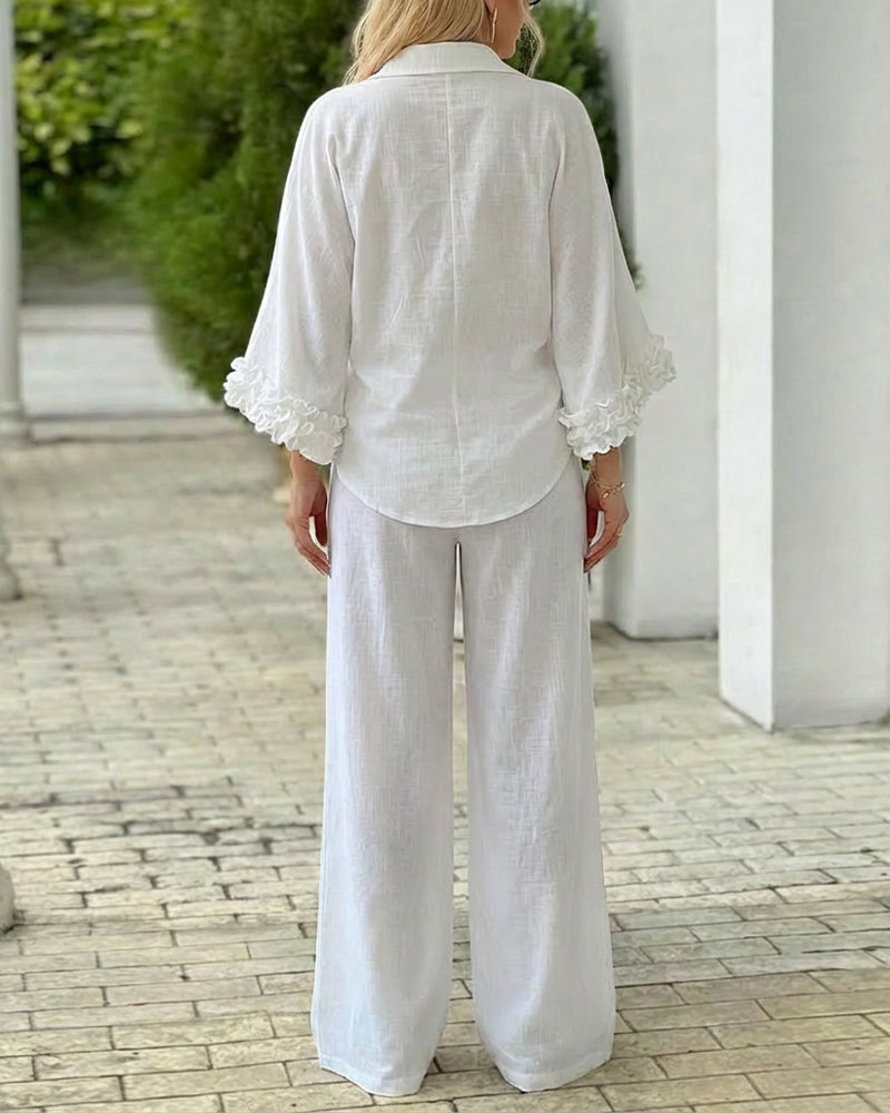 2 Pieces Outfit Turn-down Collar V-Neck Ruffles Cuffs Asymmetrical Hem Top and Wooden Single Breasted Decor Elastic Waist Wide Leg Pants Set with Belt