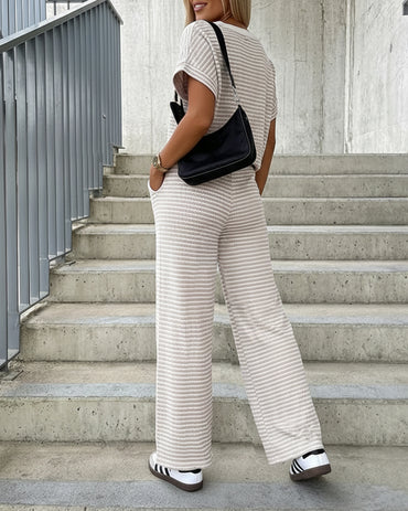Women's 2 Piece Striped Outfits V-Neck Short Sleeve Top and High Waist Wide Leg Pants Set Casual Loungewear