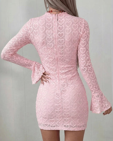 Women's Heart Jacquard Mini Dress Flared Cuffs Mock Neck Bodycon Dress Frill Hem Party Clubwear with Lining