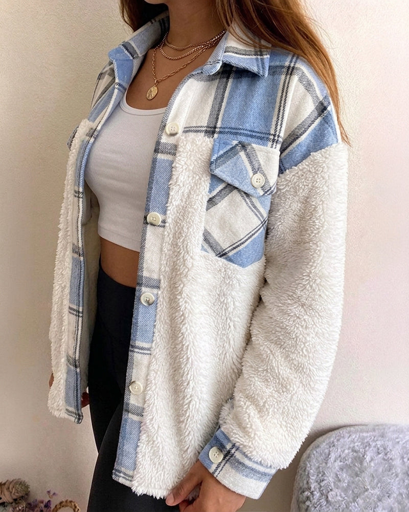 Women's Plaid Patchwork Fleece Shacket Casual Long Sleeve Button Down Faux Shearling Jacket