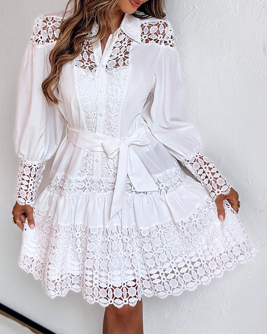 Contrast Lace Hollow Out Long Sleeve Blouse Dress Casual Tied Detail Mini Dress