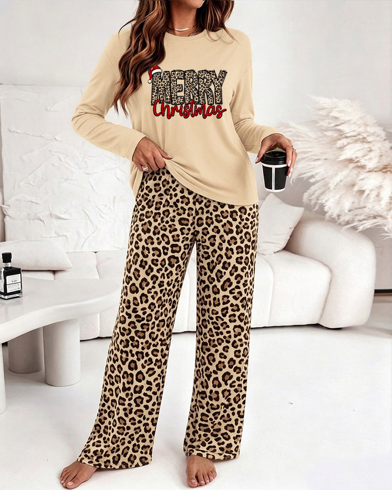 Women's Two Piece Pajamas Set Christmas Letter Print Long Sleeve Top and Leopard Pants with Pockets