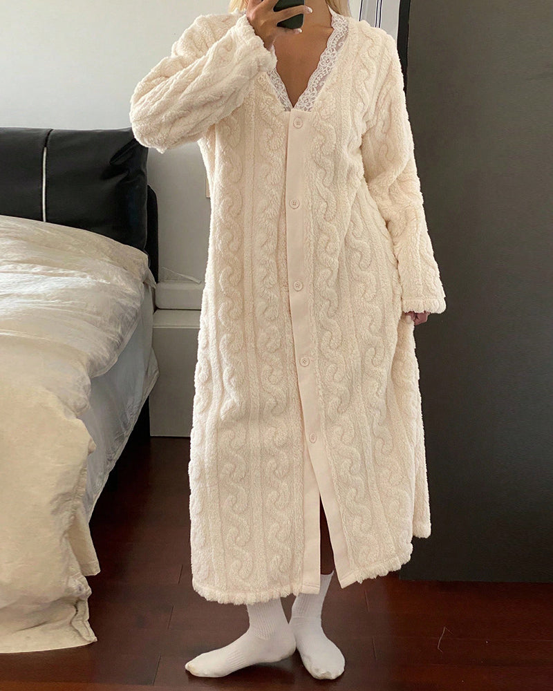 Stylish Contrast Lace V Neck Night Dress Casual Long Sleeve Weaving Knit Coral Sleepwear