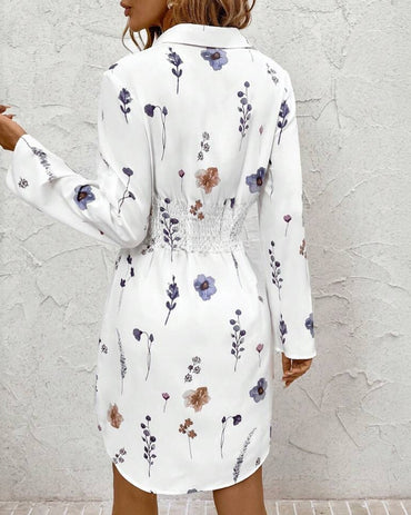 Watercolor Floral Print Turn-down Collar Turn-Up Sleeves Shirred Back Shirt Dress Casual Button Down Cinched Waist Asymmetrical Hem Vacation Dress