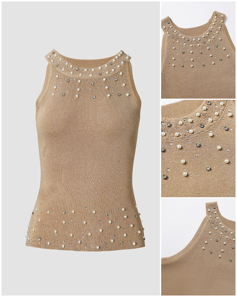Women's Pearl Rhinestone Halter Neck Knit Top Slim Fit Tank
